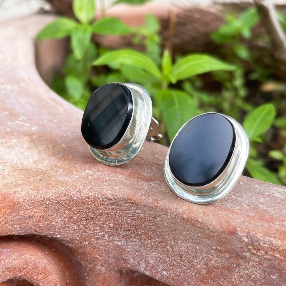 Rare Vintage Taxco Sterling Silver 925 Onyx Earrings Oval Clip On Modernist